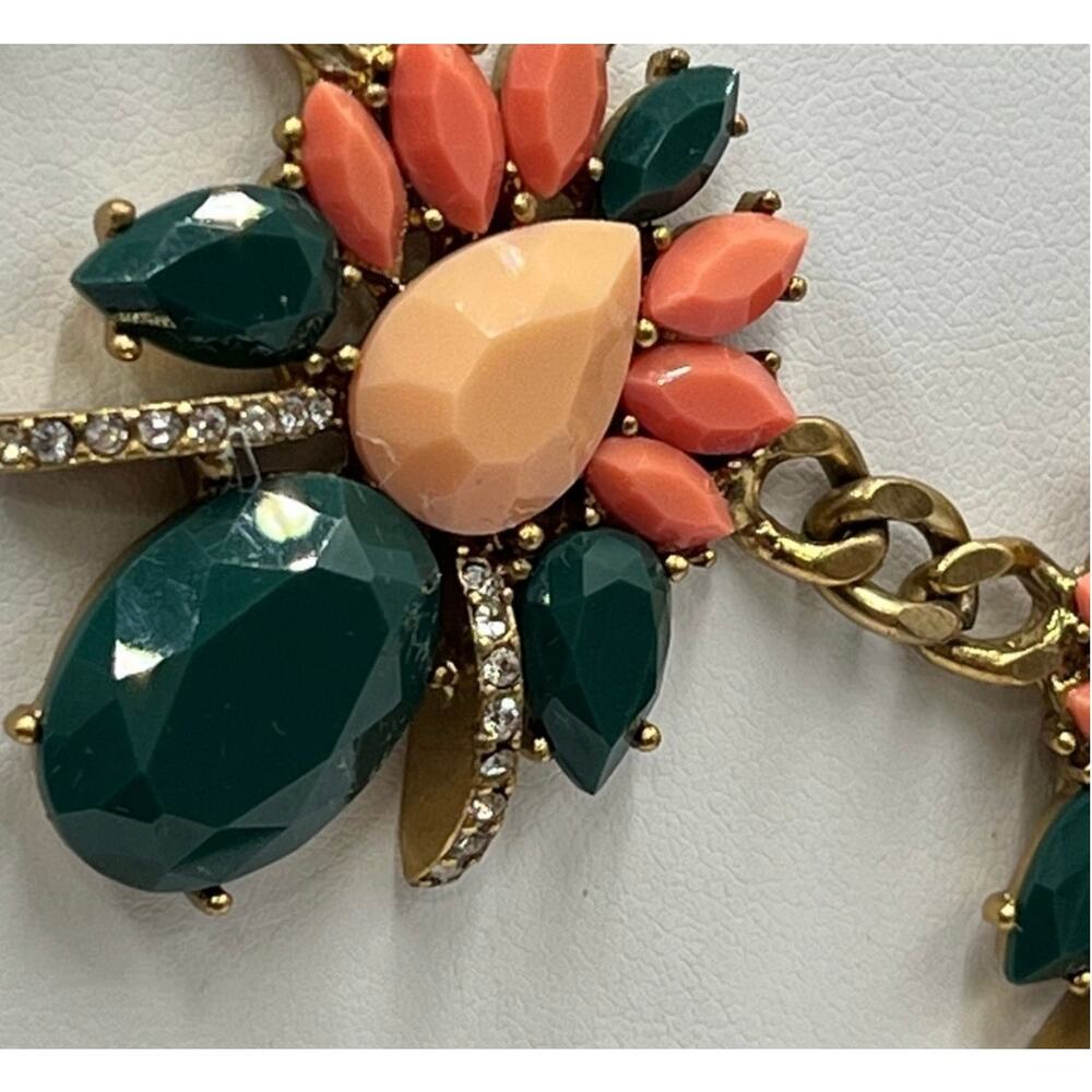 J. Crew Rhinestone Peach Green Salmon‎ Gold Tone Chain Statement Necklace New - Picture 2 of 12